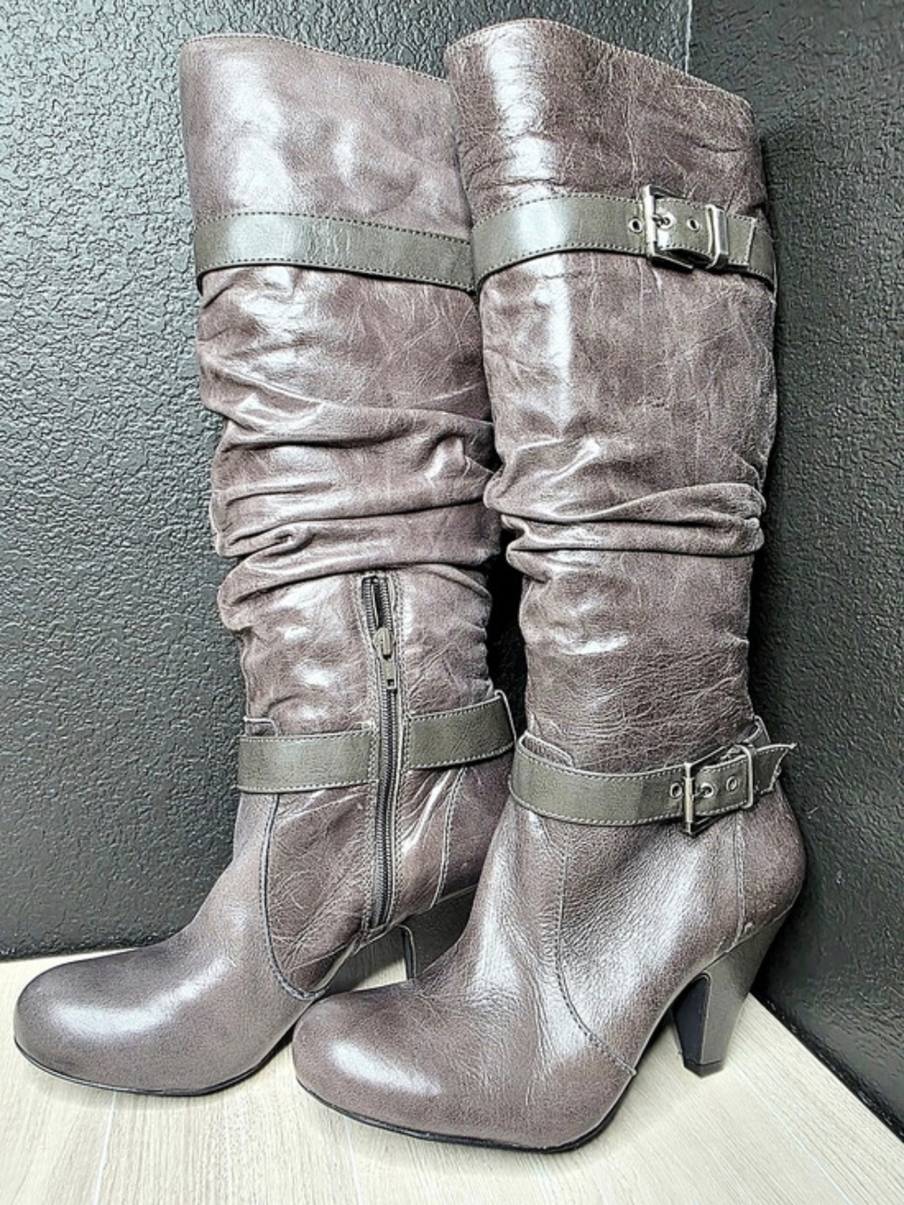 Jessica Simpson Leather Capry Slouchy Buckle Knee-High Boots in Brown 8 1/2